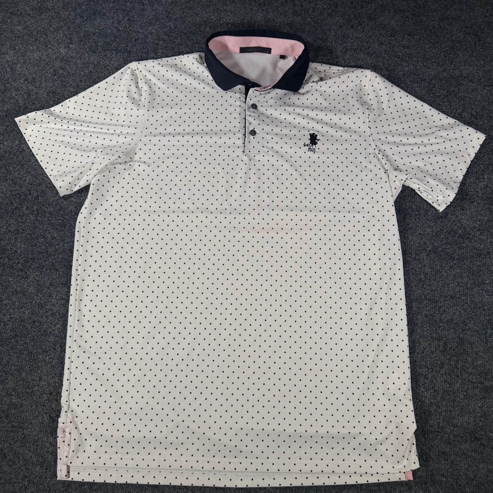 Greyson Golf Polo Shirt Mens Large White Navy Wolf Dot Print Performance Stretch